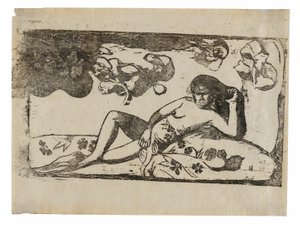 Te arii vahine—opoi (Frau mit Mangos—Müde), aus der Suite der späten Holzschnittdrucke