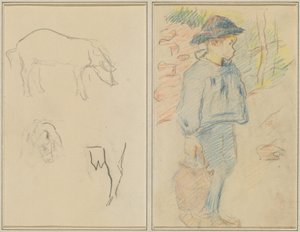 Drei Studien eines Schweins; Bretonischer Junge mit einem Krug (recto) von Paul Gauguin