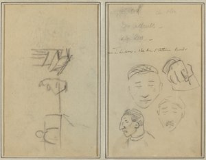 Zwei Figuren und eine Bank; Drei Studien von Männerköpfen und eine von einer Hand [recto] von Paul Gauguin