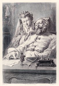 Frontispiz aus der französischen Ausgabe von Gullivers Reisen von Jonathan Swift: Ich beantwortete die Fragen des Königs richtig, Gulliver und der König und die Königin von Brobdingnag