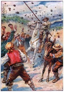 Sie bewarfen Don Quijote mit einem Steinhagel, Illustration aus 