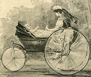 Kinder-Wärterin (Kindermädchen), Illustration von Paul Heydel, ein Kinderwagen fährt wie ein Fahrrad, aus der Zeitschrift Über Land und Meer. Deutsche Illustrirte Zeitung von Paul Heydel