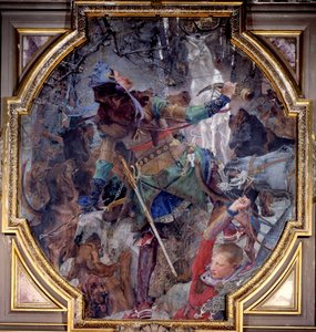 Die Vision des Heiligen Hubertus, der bei der Jagd in einem Wald Gott in Form eines Hirsches sieht. Leinwand von Paul Jacques Aimé Baudry (1828-1886) 1882 Chantilly, Musée Condé
