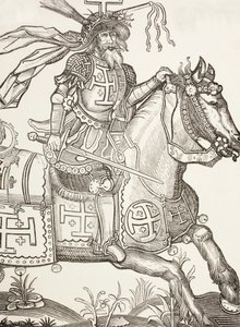 Gottfried von Bouillon, ca. 1060 - 1100, mittelalterlicher fränkischer Ritter. Ein Anführer des Ersten Kreuzzugs. Hier mit den Instrumenten der Passion Christi gekrönt. Nach einem Holzschnitt aus dem 15. Jahrhundert von Paul Lacroix