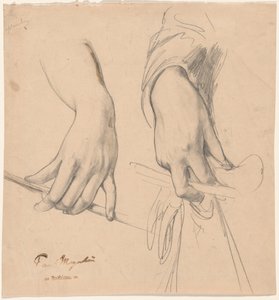 Eine linke Hand, die einen Stab hält, und eine rechte Hand, die einen Handschuh und eine Reitgerte(?) hält von Paul Meyerheim