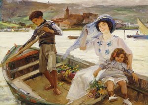 Eine Mutter und ein Kind werden über einen Fluss mit einer Stadt im Hintergrund übergesetzt von Paul Michel Dupuy