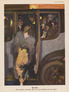 Frau steigt nach einer Nacht aus dem Auto (Farblithografie) von Paul Rieth