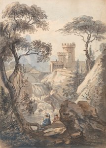 Italienische Landschaft mit Schloss, Wasserfall und Anglern