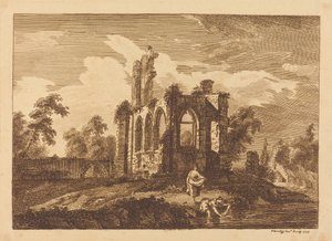 Ruinen mit zwei Frauen, die Kleidung in einem Fluss waschen von Paul Sandby