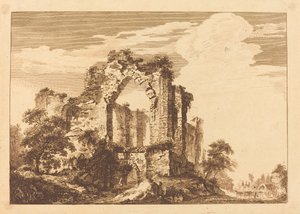 Ruinen mit einem sitzenden Mann und einem bedeckten Wagen in der Ferne von Paul Sandby