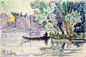 Fischer in einem Boot in der Nähe eines Ufers der Seine, um 1900 von Paul Signac