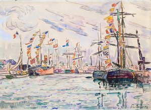 Segelboote mit Festtagsflaggen an einem Pier in Saint-Malo, 1920er Jahre von Paul Signac
