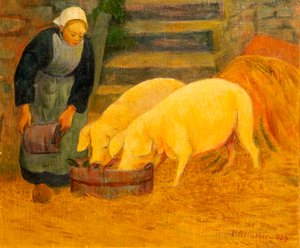 Ein junges Mädchen füttert zwei Schweine, 1889