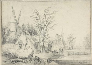Dorf mit Windmühle und Kirche von Paul Theodor van Brussel
