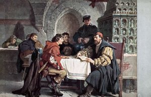 Martin Luther im Gespräch mit Studenten im Gasthof der Bären, Jena, Deutschland, März 1522 von Friedrich Paul Thumann