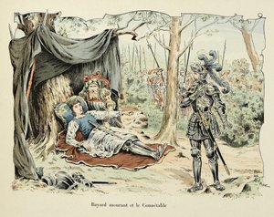 Illustration aus dem Buch „Histoire du chevalier Bayard“ von Theodore Cahu, illustriert von Paul De Semant (1855-1915): Bayard im Sterben und Le Connetable de Bourbon 1524