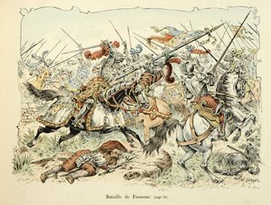 Illustration aus dem Buch „Histoire du chevalier Bayard“ von Theodore Cahu, illustriert von Paul De Semant (1855-1915): Schlacht von Fornoua 1495 von Paul de Semant