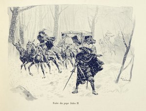 Illustration aus dem Buch „Histoire du chevalier Bayard“ von Theodore Cahu, illustriert von Paul De Semant: Flucht von Papst Julius II.