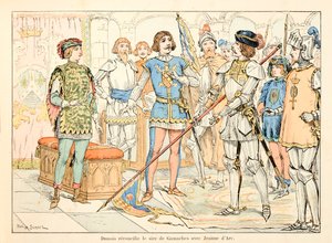 Illustration aus dem Buch „Joan of Arc“ von Theodore Cahu, illustriert von Paul De Semant: Dunois versöhnt den Herrn von Gamaches mit Jeanne d