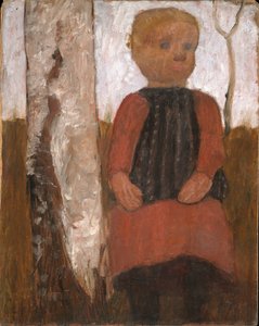 Kind im roten Kleid am Birkenstamm von Paula Modersohn-Becker
