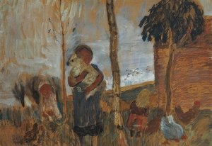 Kinder und Hühner vor Landschaft von Paula Modersohn Becker