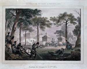Truppen im Parc Royal, Brüssel, 25. September 1830, graviert von Dewasme-Pletinckx