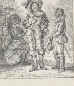 Entwurf für Illustration Theatergruppe: zwei stehende Figuren und eine sitzende Figur von Paulus Constantijn la Fargue