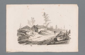 Heuvellandschaft mit Landweg und Häusern (Beginselen van landschappen) von Paulus Lauters