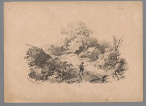 Landschaft mit Mann und Hund auf einem Feldweg