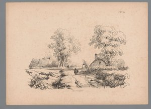 Landschaft mit zwei Häusern und zwei Figuren auf einem Weg