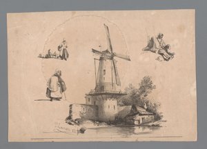 Mühle am Wasser mit drei Figurenstudien von Paulus Lauters