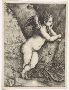 Amor sinnend an einem Baumstamm von Paulus Moreelse