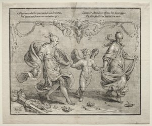 Amor tanzt mit zwei allegorischen Frauen von Paulus Moreelse