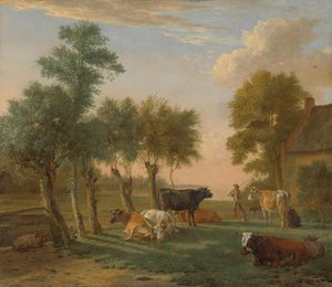 Kühe auf einer Wiese nahe einem Bauernhof von Paulus Potter
