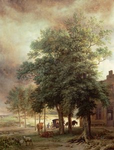 Landschaft mit Kutsche oder Haus hinter den Bäumen von Paulus Potter
