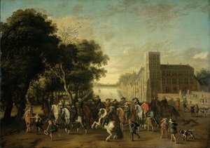 Prinz Maurits, begleitet von Prinz Frederik Hendrik, Friedrich V. von Böhmen und seiner Frau Elizabeth Stuart, und anderen, auf dem Buitenhof, Den Haag von Pauwels van Hillegaert