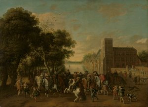 Prinz Maurits, begleitet von Prinz Frederik Hendrik, Friedrich V. von Böhmen und seiner Frau Elizabeth Stuart, und anderen, auf dem Buitenhof, Den Haag von Pauwels van Hillegaert