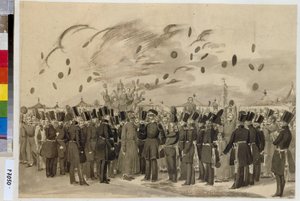 Großherzog Michael Pawlowitsch (1798-1849) besucht das Lager des finnischen Regiments der kaiserlichen Garde am 8. Juli 1837. von Pavel Andreevich Fedotov