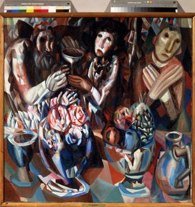 Drei am Tisch. Gemälde von Pavel Nikolayevich Filonov (1883-1941) 1914-1915 Staatliches Russisches Museum, Sankt Petersburg
