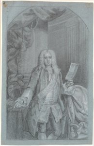 Porträtstudie (Kniestück) eines stehenden Mannes mit rechter Hand auf einem Tisch mit Helm und in der linken Hand ein Dokument. Ordensband mit Elefant und ein Stern links vom Band (Blauer Ritter) von Peder Als