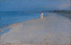 Sommerabend am Südstrand, Skagen. Anna Acher und Marie Krøyer von Peder Severin Krøyer