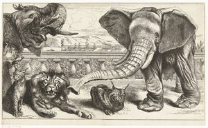 Elefanten, Löwen und Luchse in den Gärten von Versailles von Peeter Boel (attributed to)