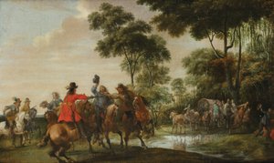 Straßenräuber überfallen einen Kippwagen an einem Waldstrom von Peeter Snayers