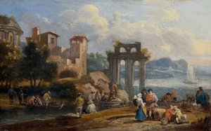 Figuren in einer Landschaft, die sich in der Nähe einer Ruine ausruhen von Peeter or Pieter Bout