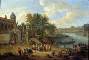 Der Eingang zum Arsenal, die Insel Louviers und die Spitze der Insel Saint Louis in Paris um 1670. Gemälde von Peeter Bout (1658-1719) 17. Jahrhundert von Peeter or Pieter Bout