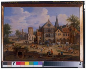 Stadtszene mit Bauern, die vor einer Kirche Kegeln spielen von Peeter or Pieter Bout