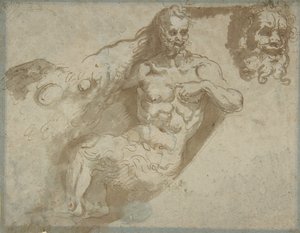 Sitzender Satyr, mit vergrößertem Kopf desselben recto, Kopf einer Frau verso