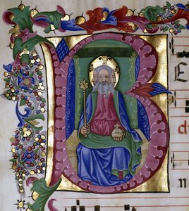 Die Heilige Dreifaltigkeit: Gott der Vater in seiner Majestät auf dem Thron, hält Kugel und Zepter, dargestellt mit drei Gesichtern, innerhalb eines Initials "B", ca. 1480