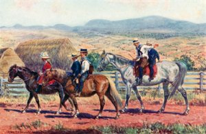 Australische Kinder reiten zur Schule