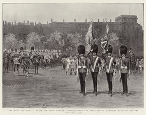 Der König und das 3. Bataillon der Scots Guards, Offiziere mit den neuen Farben marschieren an Seiner Majestät vorbei